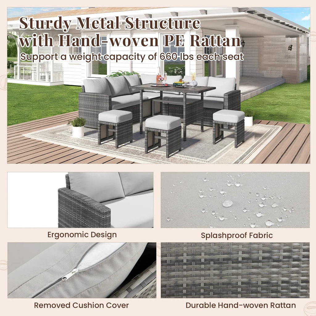 2026 NewAECOJOY 7 Piece Patio Furniture Set PE Rattan Outdoor Dining Set Sectional Sofa Couch with Table Patio Conversation Set in Gray