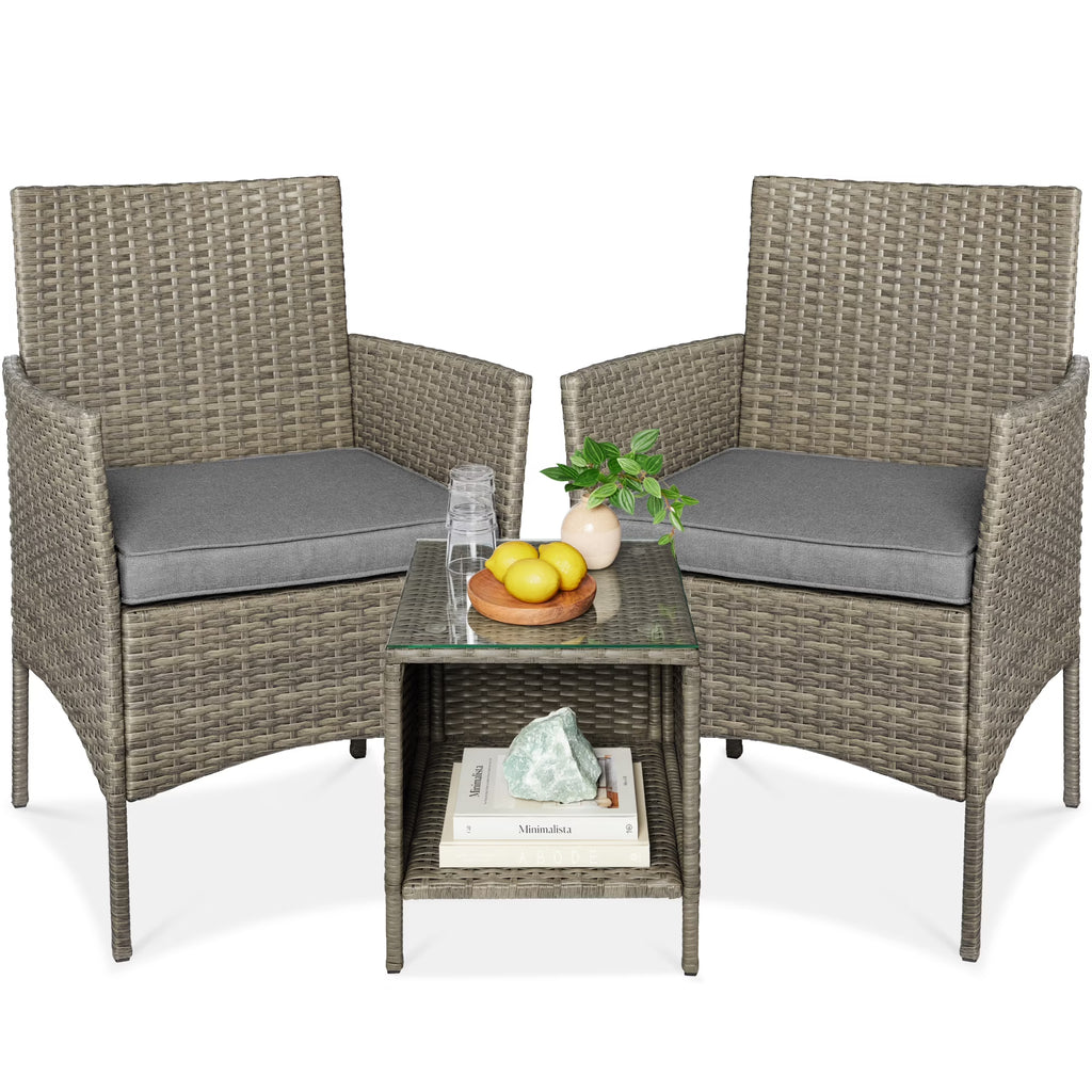 2026 NewBest Choice Products 3-Piece Outdoor Wicker Conversation Patio Bistro Set, w/ 2 Chairs, Table - Gray/Navy