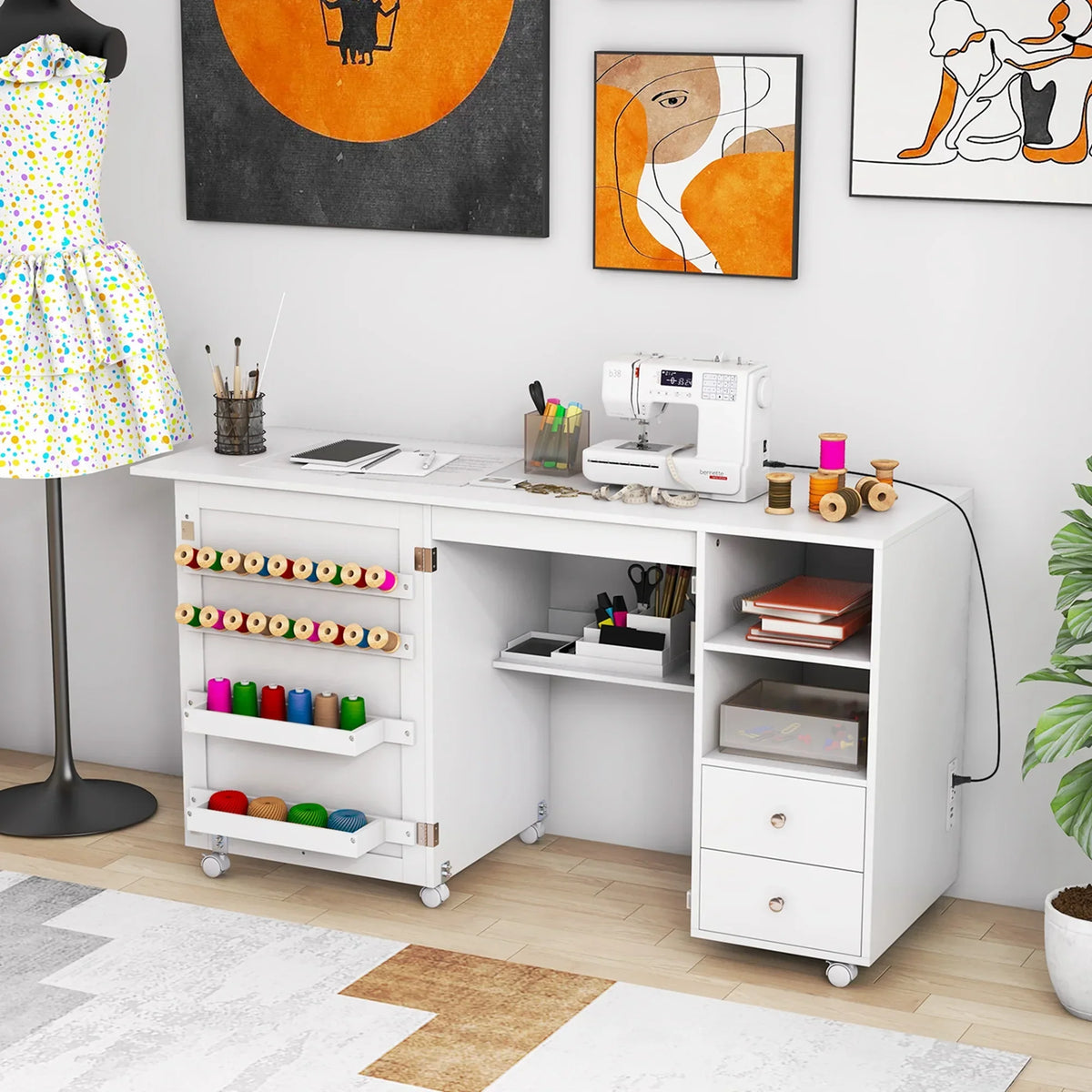 2026 NewCostway Folding Sewing Table Charging Station Multifunctional Sewing Machine Cart Table