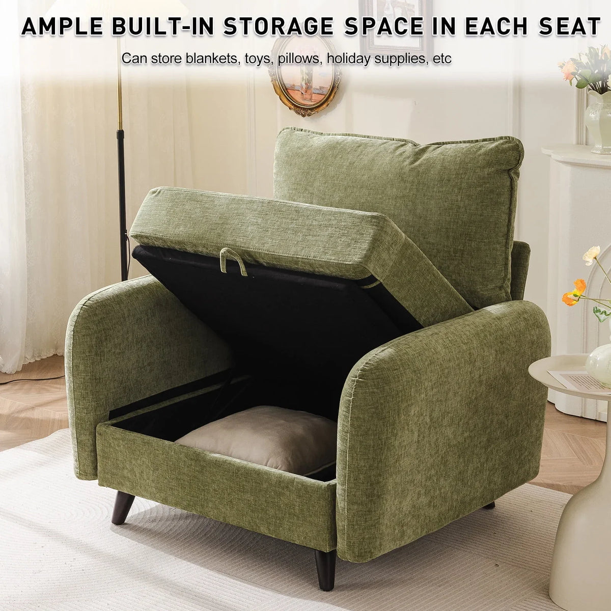 2026 NewRexulqo Oversized Accent Chair with All Seats Storage,Comfy Living Room Chairs with 2 Throw Pillow,Upholstered Mid-Century Armchair,24.5'' Deep Seat,Reading Chair For Bedroom,Office,Chenille,Green