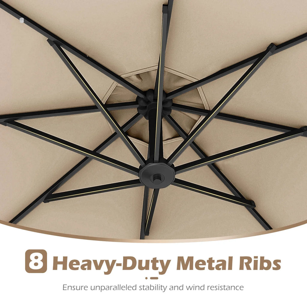 2026 NewCostway 10 FT Solar Offset Hanging Umbrella Patio Cantilever Umbrella with 32 LED Lights Brown