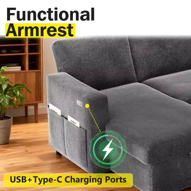 2026 Sofá cama extraíble 2 en 1 con chaise longue de almacenamiento, chenilla y puertos USB