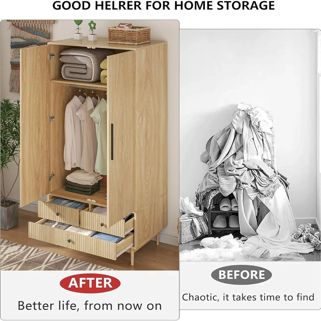 2026 NewOubayajia Wardrobe Armoire Closet, 2 Fluted Doors Wardrobe Cabinet with 3-Drawer and Hanging Rod, Wood Wardrobe Storage for Bedroom