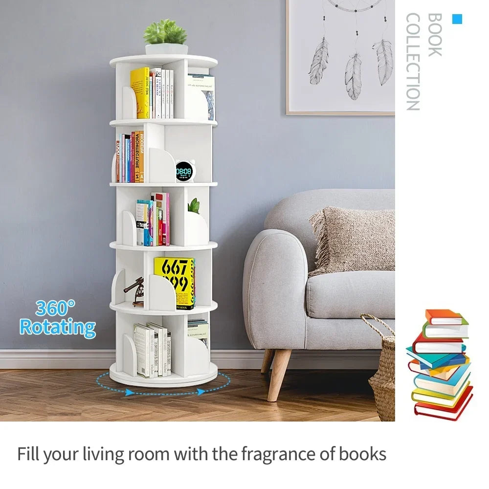 2026 NewBimiti 5 Tier Rotating Bookshelf, 360?" Revolving Bookcase 20 Shelves Floor-Standing Storage Display Rack - White 63"x18"x18", Adult