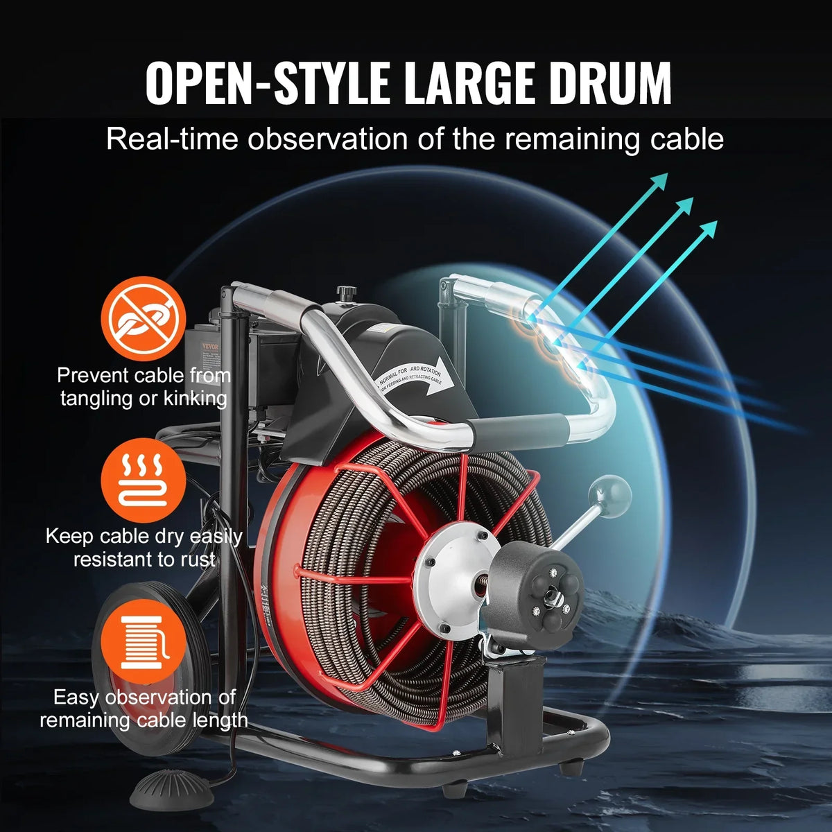 2026 NewVEVOR Drain Cleaner Machine 100FT x 3/8 Inch, Auto Feed Sewer Snake Auger on Wheels, 370W Portable Drain Cleaning Machine with 8 Cutters & Air-activated Foot Switch for 2" to 4" Pipes