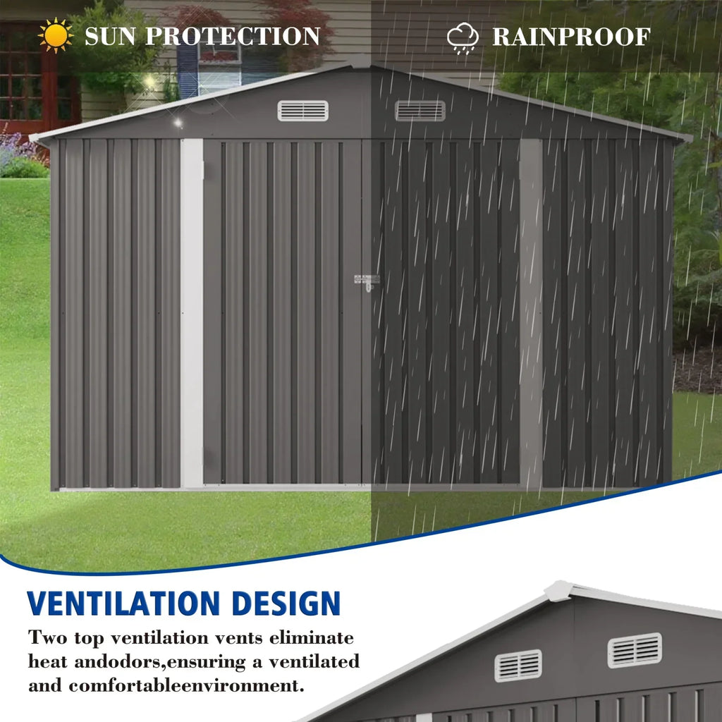 2026 New10 x 8 FT Outdoor Storage Shed, Large Metal Storage Shed, Lockable Door and Air Vent, Clear Window Garden Tool Shed for Bicycles, Tools, Lawnmowers, Backyards, Patios, Lawns - Gray