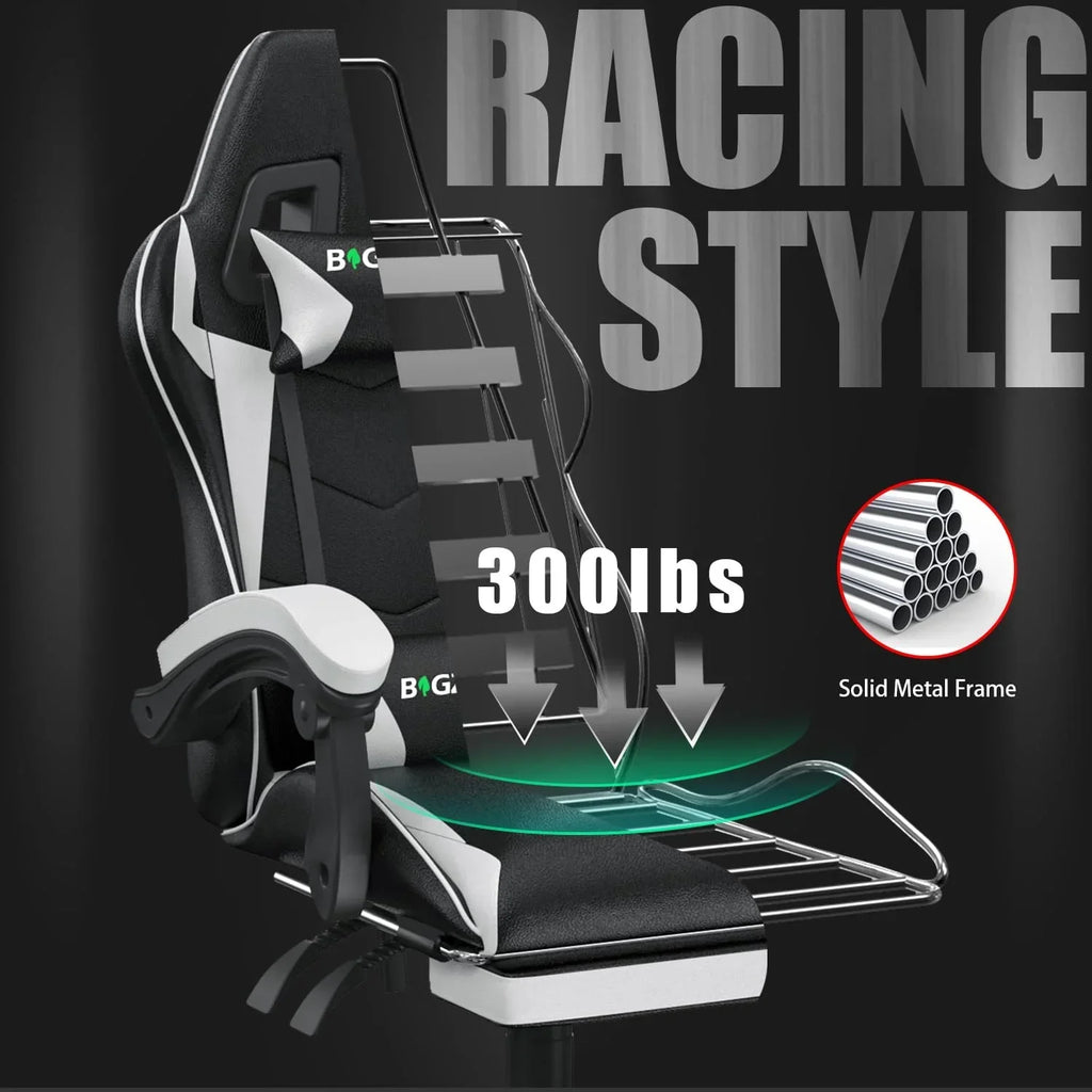 2026 NewBigzzia Gaming Chair Office Chair, Ergonomic Game Chair with Height Adjustable Headrest and Lumbar Support for Adults Teens, Black & White