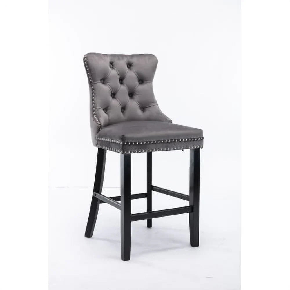 2026 NewVelvet Bar Stools Set of 2, Upholstered Counter Height Bar Chair with Rivet and Button Trim, Bar Stool with Back and Footrest, for Dining Room, Kitchen, Pub, Gray