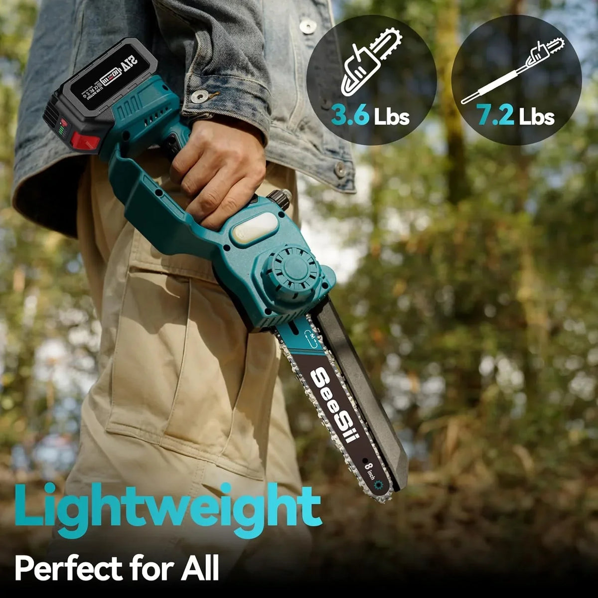 2026 NewSeesii 2-in-1 Cordless Pole Saw, 8 Inch Brushless Mini Chainsaw with Extension Pole, 16ft Max Pole Saws with 2x 21V Batteries for Tree Trimming, Branches Pruning, Wood Cutting