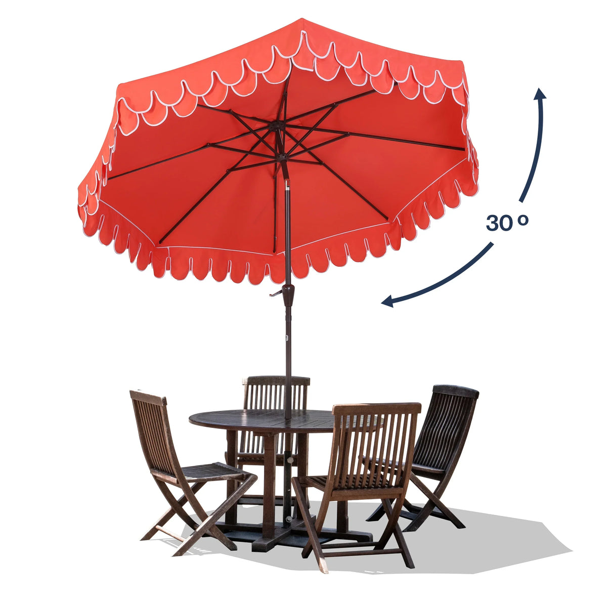 2026 NewJONATHAN Y Tracy 9 ft. Market Patio Umbrella, Classic Mid-Century Scalloped Fringe, with Auto-Tilt Crank, Wind Vent and UV Protection, Coral Pink/White, Dark Brown Pole
