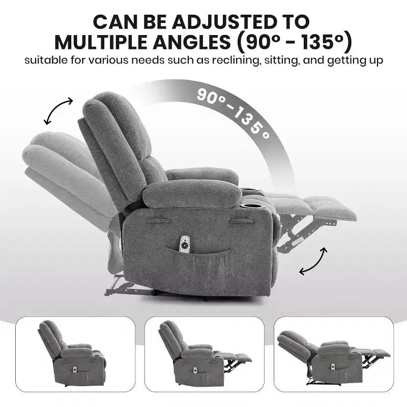 2026 Sillón reclinable manual con masaje por vibración y calefacción lumbar, bolsillo lateral y portavasos
