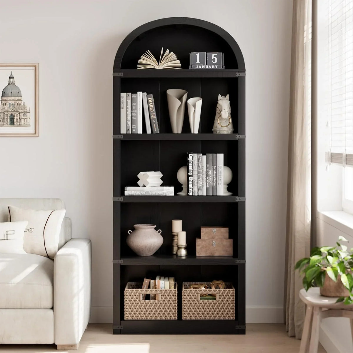 2026 NewBookcase 5 Shelf Arched Bookshelf 71.65in Tall Bookcase Farmhouse Display Storage Rack Wooden Bookshelves for Home Office, Living Room(white)