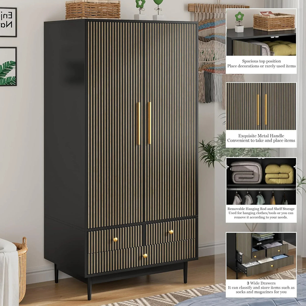 2026 NewOubayajia Wardrobe Armoire Closet, 2 Fluted Doors Wardrobe Cabinet with 3-Drawer and Hanging Rod, Wood Wardrobe Storage for Bedroom