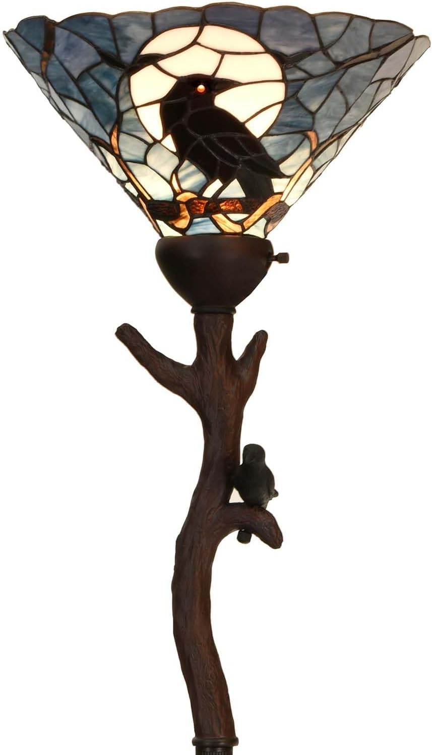 2026 Bieye L30959 Cuervo se sienta de nuevo en una rama desnuda Luna llena Estilo Tiffany Lámpara de pie Torchiere de vidrieras para decoración de Halloween (azul oscuro)
