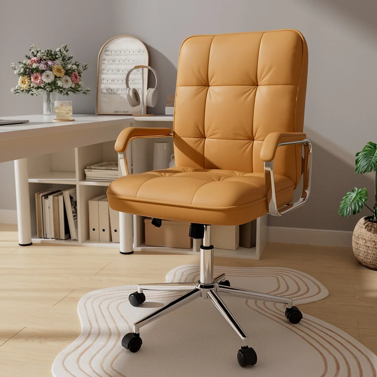 2026 NewSolfway White Office Chair, Swivel Leather Computer Desk Chair with Wheels and Padded Arms, Executive Office Chair for Adults