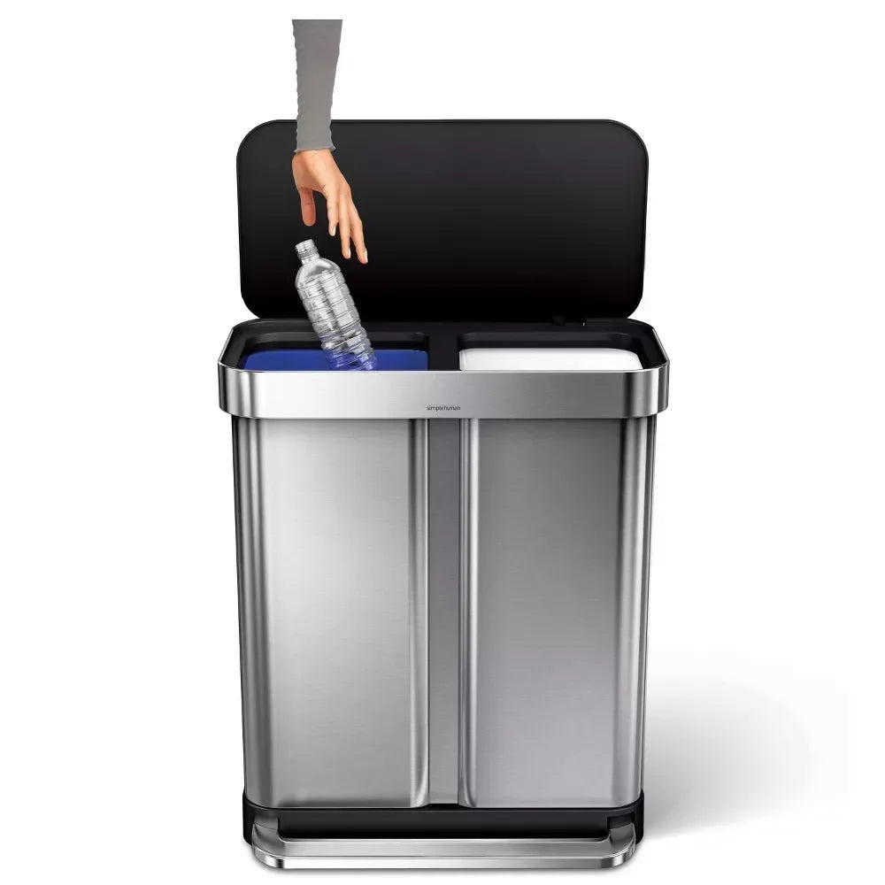 2026 Newsimplehuman 58 Liter / 15.3 Gallon Rectangular Dual Compartment Recycling Step, Brushed Stainless Steel with Soft-Close Plastic Lid Kitchen Trash Can