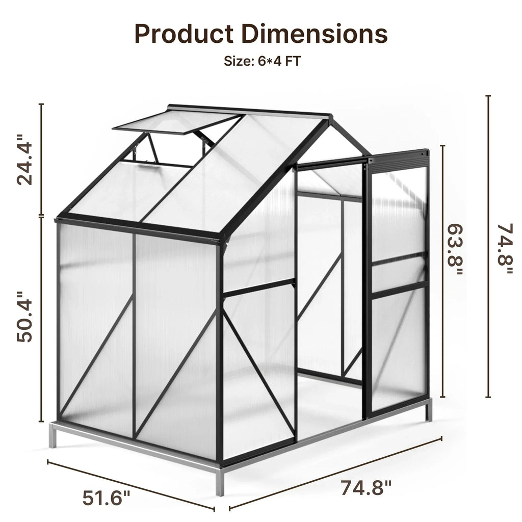 2026 NewAsofer 6' x 4' Greenhouse for Outdoors, Aluminum Walk-in Green Houses shed with Rain Gutter and Roof Vent for Backyard