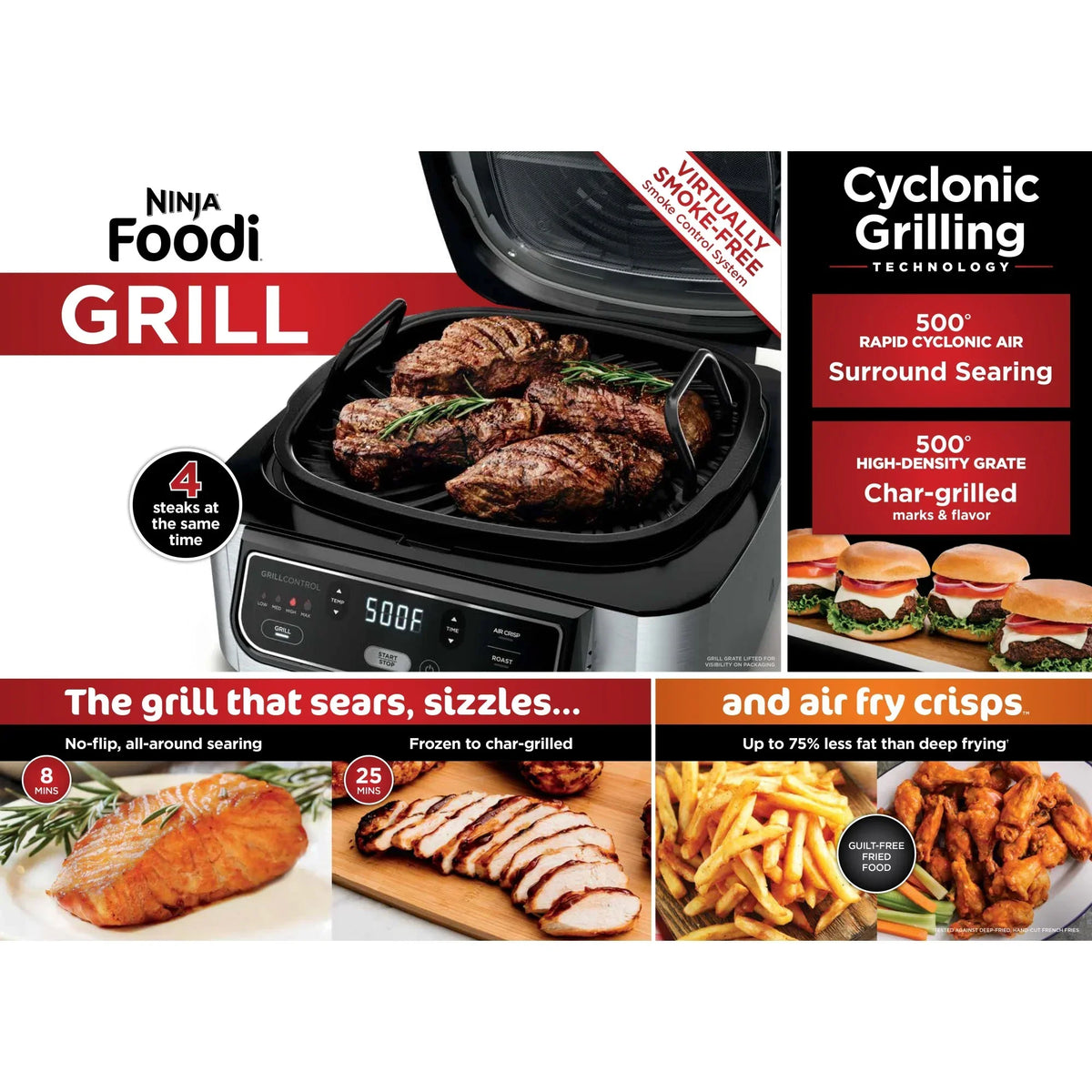 2026 NewNinja Foodi 4-in-1 Indoor Grill with 4-Qt Air Fryer, Roast, Bake, & Cyclonic Grilling Technology, Black/Stainless