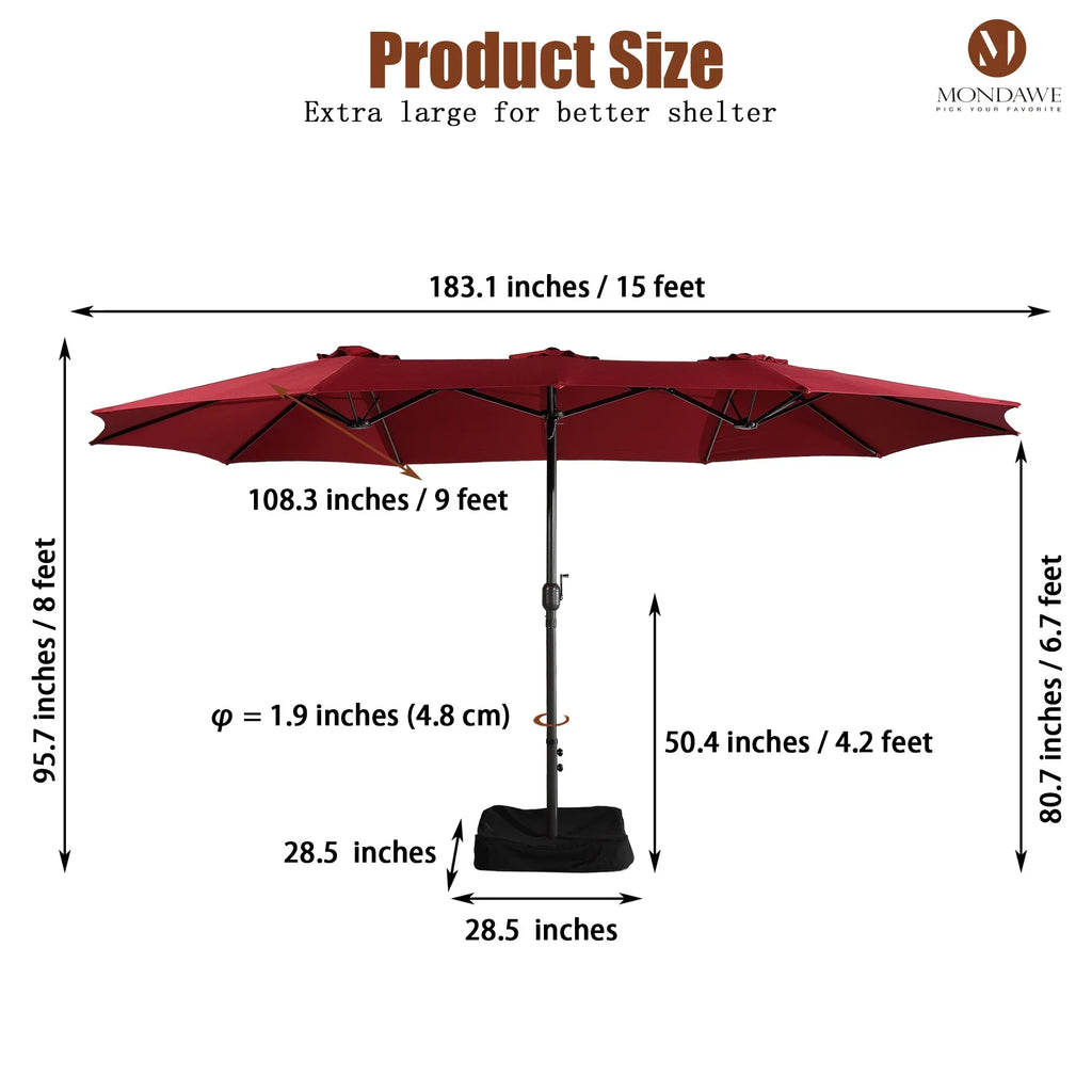 2026 NewMondawe 15ft Patio Umbrella Rectangular Outdoor Market Umbrella with Base and LED Lights Beige
