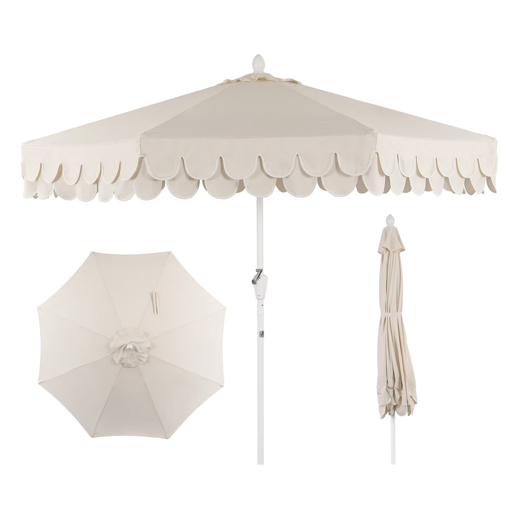 2026 NewJONATHAN Y Tracy 9 ft. Market Patio Umbrella, Classic Mid-Century Scalloped Fringe, with Auto-Tilt Crank, Wind Vent and UV Protection, Coral Pink/White, Dark Brown Pole