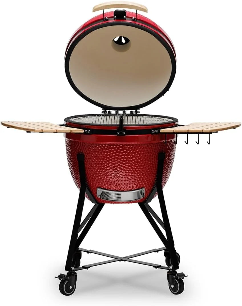 2026 Kamado BONO BBQ - Barbacoa Grande XXL con 10 accesorios - Ø 64 cm Kamado Barbacoa con Accesorios - Parrilla ahumador rojo en la terraza, balcón o jardín