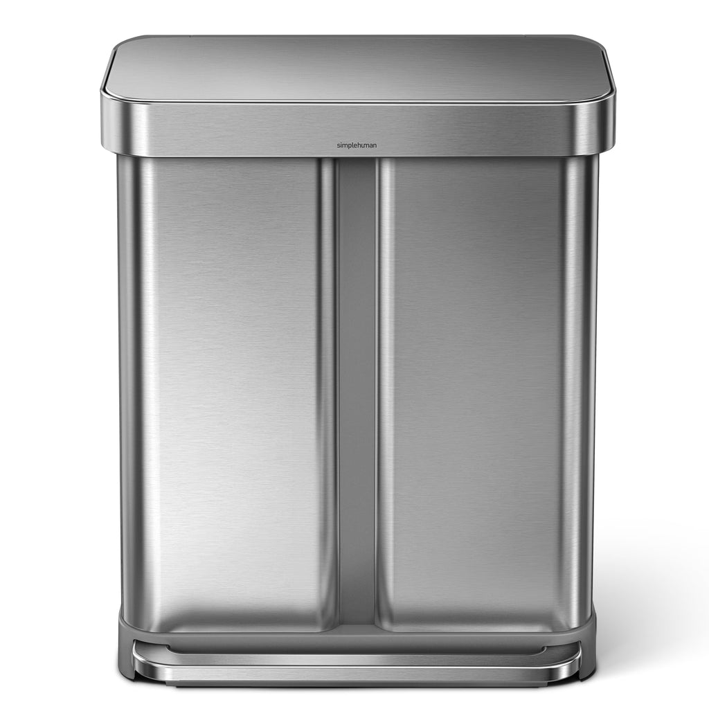 2026 Newsimplehuman 58 Liter / 15.3 Gallon Rectangular Dual Compartment Recycling Step, Brushed Stainless Steel with Soft-Close Plastic Lid Kitchen Trash Can