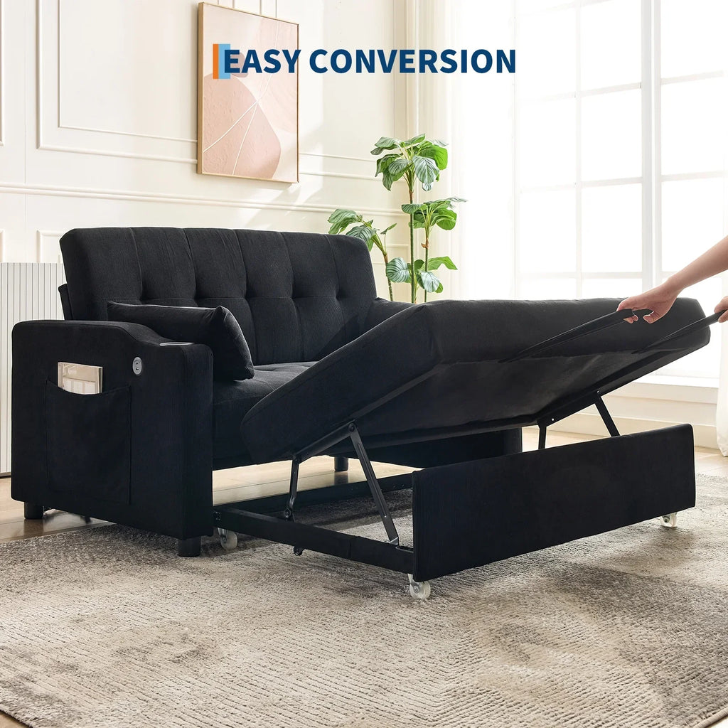 2026 New3 in 1 Convertible Sleeper Sofa Bed, Corduroy Futon Couches with Pull-Out Bed, Adjustable Backrest, Charging Port & Side Pockets, Modern Upholstered Sofa for Living Room, Guest Room