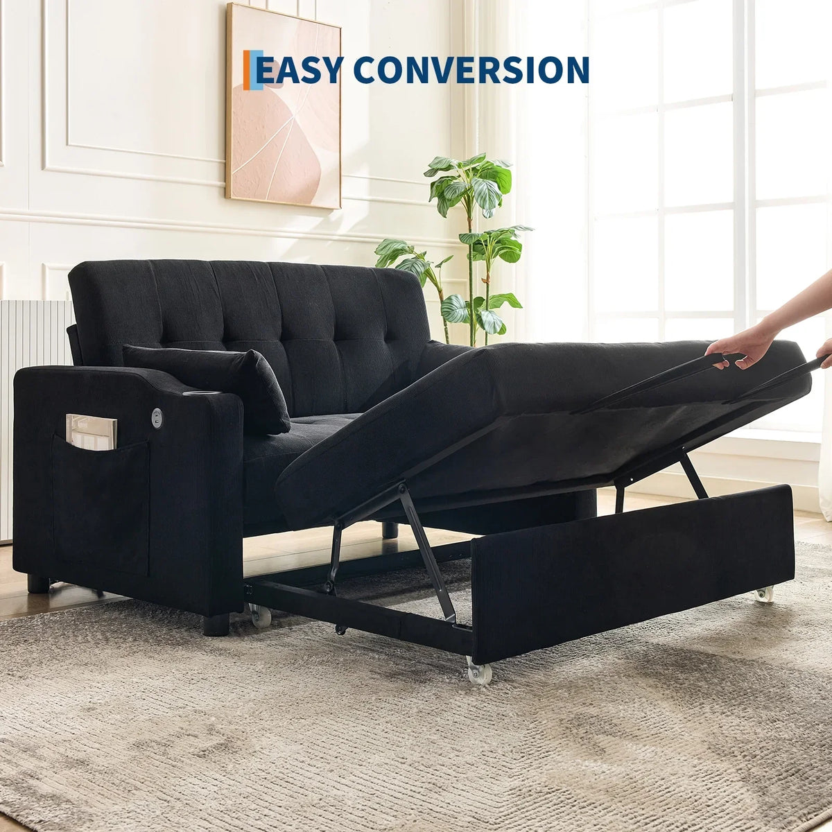 2026 New3 in 1 Convertible Sleeper Sofa Bed, Corduroy Futon Couches with Pull-Out Bed, Adjustable Backrest, Charging Port & Side Pockets, Modern Upholstered Sofa for Living Room, Guest Room