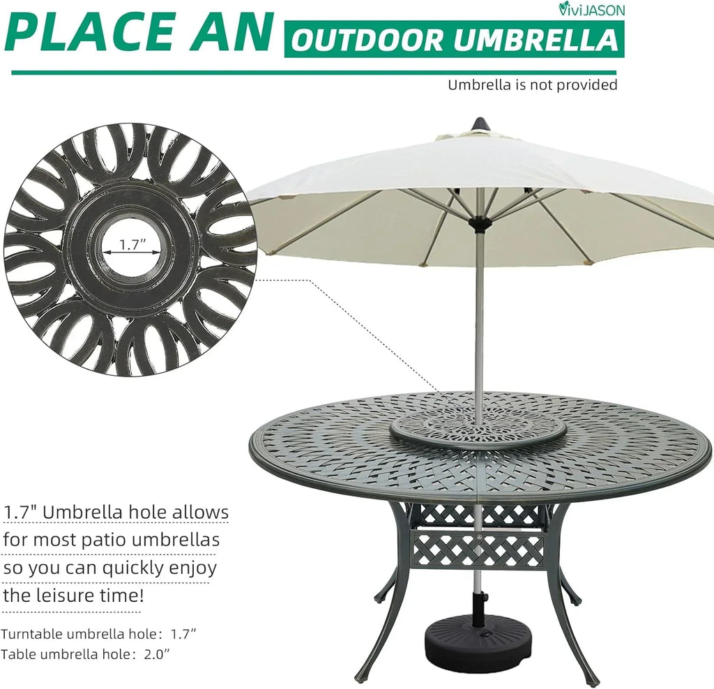 2026 NewVIVIJASON Outdoor 61" Patio Dining Table for 6-8 Person, Large Patio Round Dining Table with 24" Lazy Susan, Dark Bronze Cast Aluminum Rustic Patio Table W/Umbrella Hole for Balcony, Porch and Deck