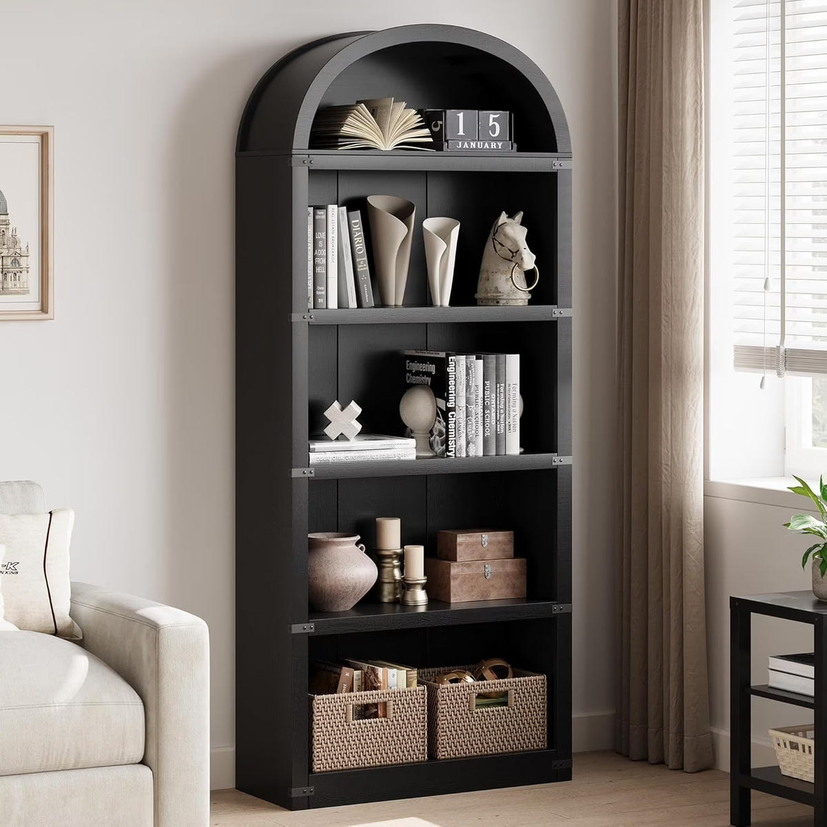 2026 NewBookcase 5 Shelf Arched Bookshelf 71.65in Tall Bookcase Farmhouse Display Storage Rack Wooden Bookshelves for Home Office, Living Room(white)
