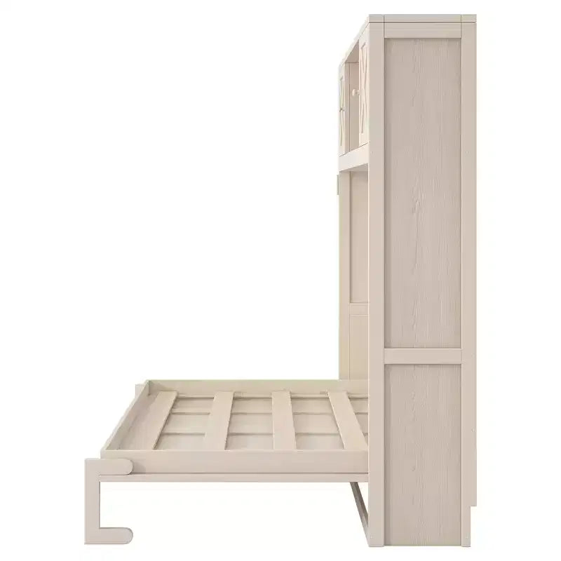 2026 Cama abatible tamaño Full con armarios de almacenamiento y estructura de madera, beige