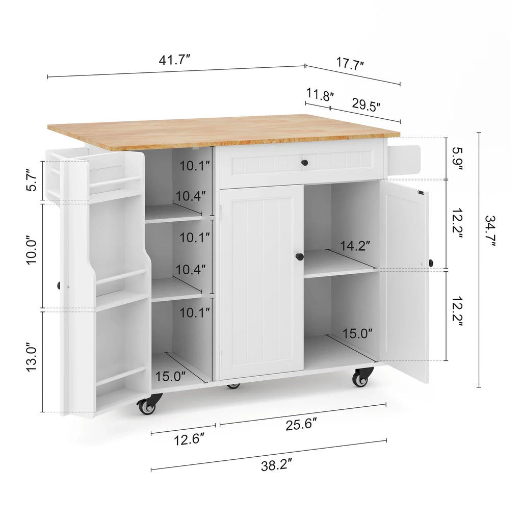 2026 NewNoelse Kitchen Island with Storage, Island Table for Kitchen with Drop Leaf, Spice Rack, Towel Bar for Small Kitchens, White