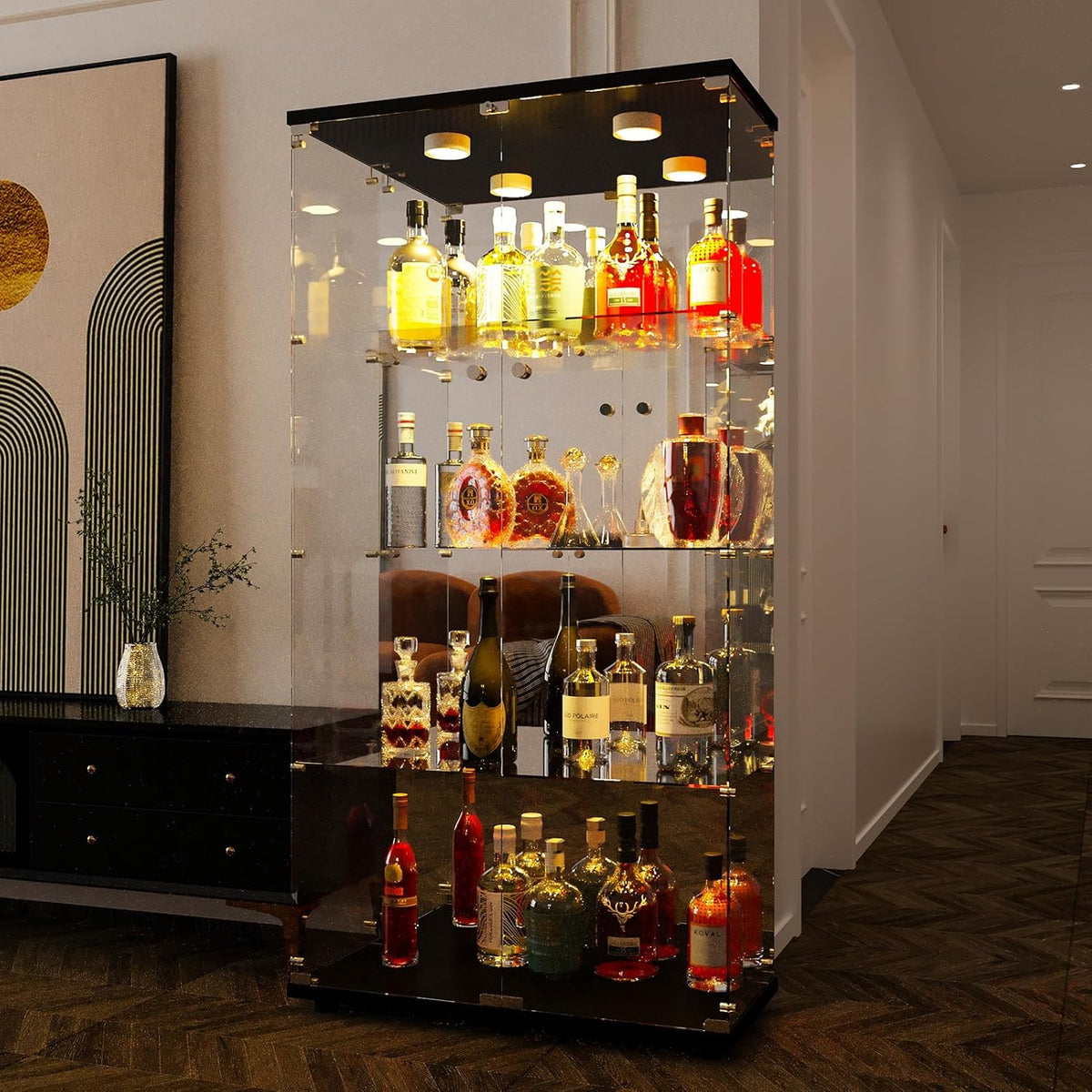 2026 Vitrina Cristal Expositora con Luz, Puerta Cerradura, 4 estantes - Grande Vitrina de Colecciones,Vitrina de pie para Sala Oficina(Espalda Espejo)
