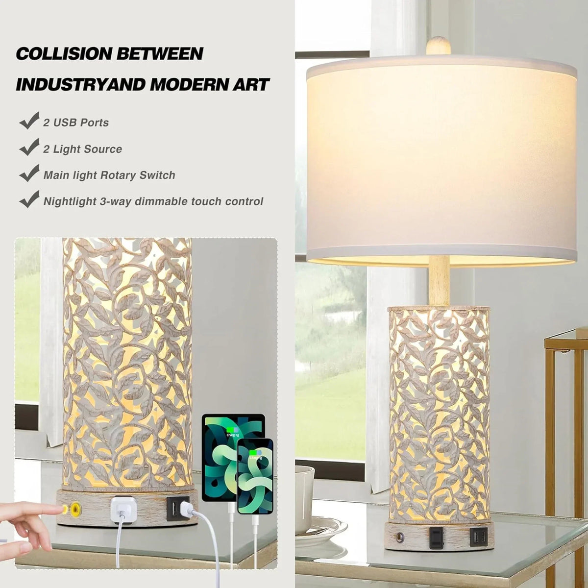 2026 NewCinkeda Table Lamp Set of 2 for Living Room Bedroom with USB Ports AC Outlet 3 Way Dimmable Touch Nightlight Farmhouse White Floral Nightstand Bedside Lamps