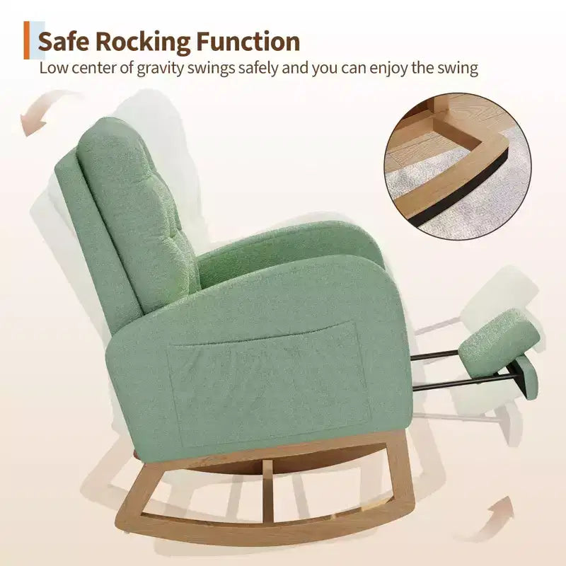 2026 Sillón mecedora deslizante tapizado con bolsillo lateral, estructura de madera, 1 plaza