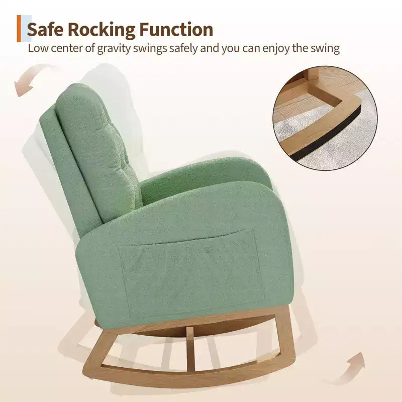2026 Sillón mecedora deslizante tapizado con bolsillo lateral, estructura de madera, 1 plaza
