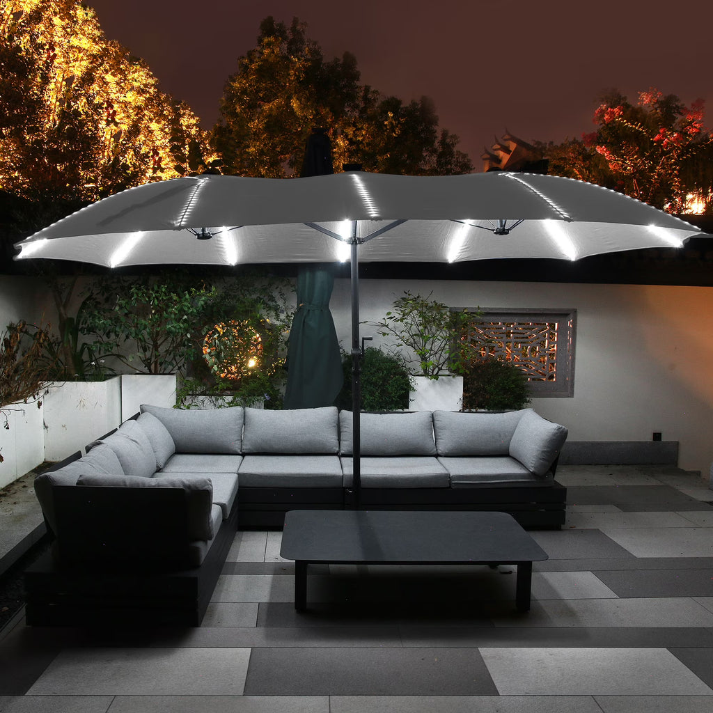 2026 NewMondawe 15ft Patio Umbrella, Large Double-Sided Solar LED Outdoor Umbrella with Fiberglass Ribs and Base for Deck Pool, Navy Blue