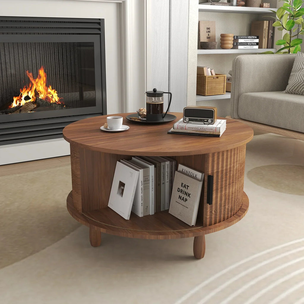 2026 NewRUMLIVE Round Coffee Table with Storage, 30.7" Modern Coffee Table with 360" Curved Sliding Door, Fluted Wood Coffee Table with Footpads, Round Center Table for Living Room, Black