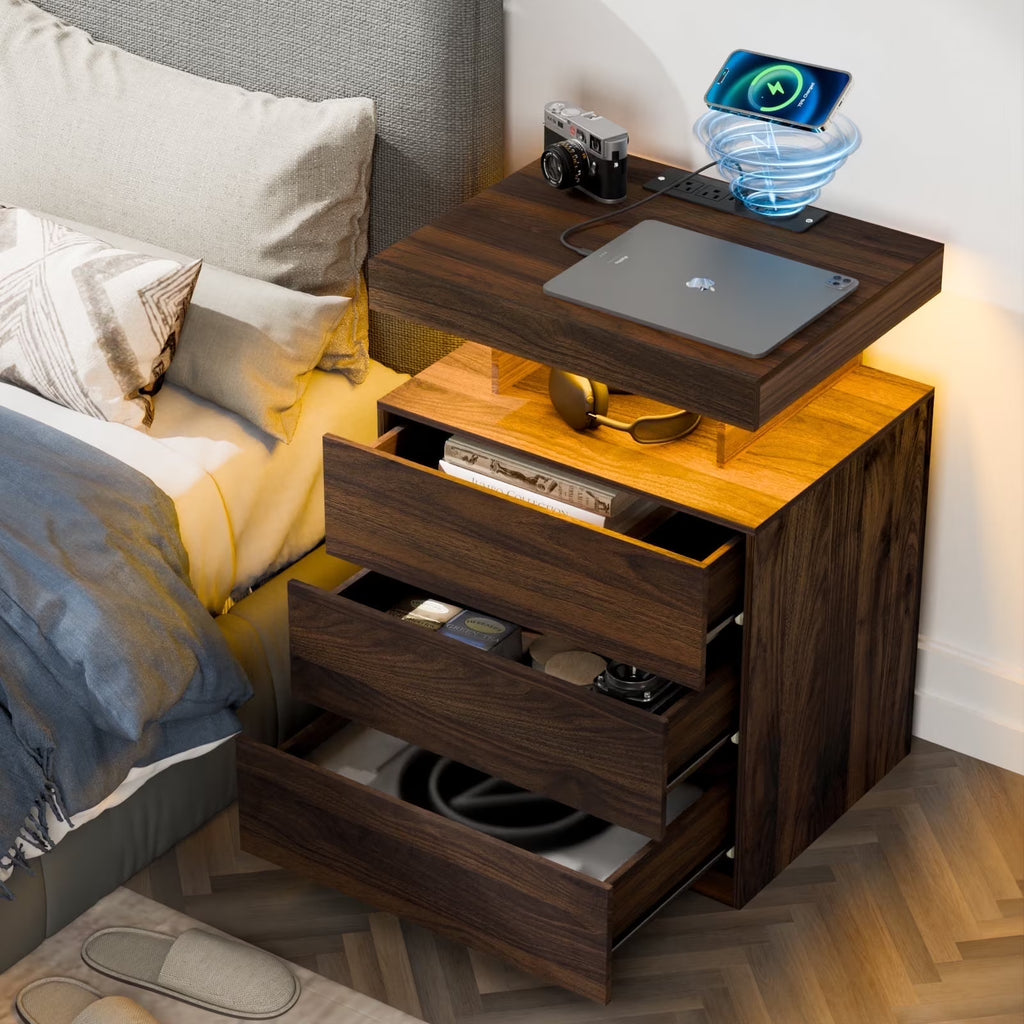 2026 NewHommpa LED Nightstand Wireless Charging Station USB Type C Outlets Bedside Table 3 Drawers Black Night Table Modern Smart Nightstand High Gloss End Side Table for Bedroom Furniture 26.8" Tall