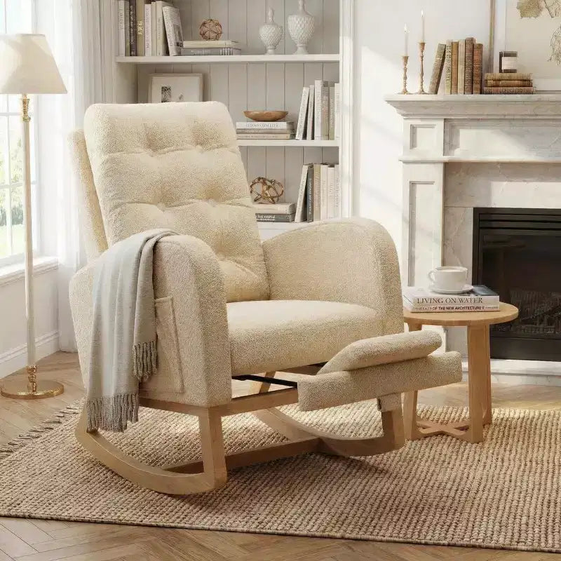 2026 Sillón mecedora deslizante tapizado con bolsillo lateral, estructura de madera, 1 plaza