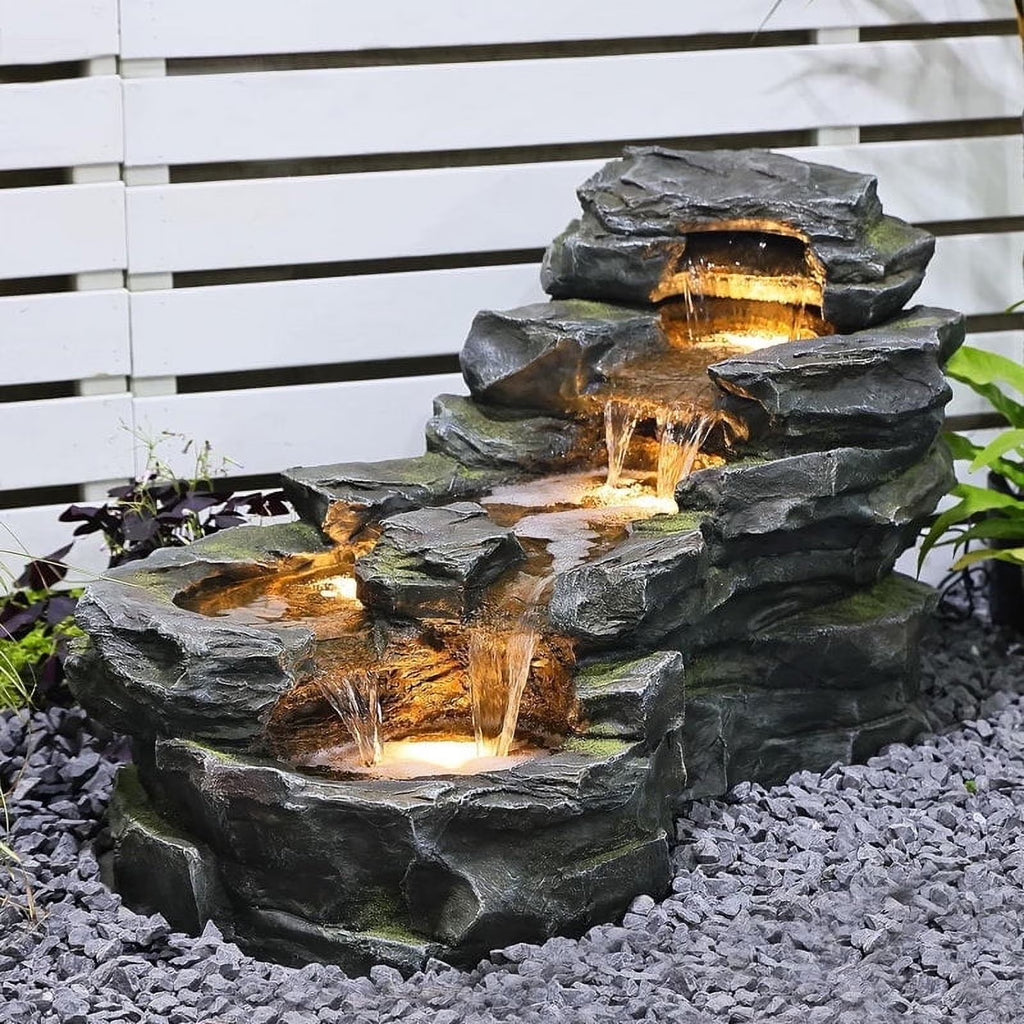 2026 NewOutdoor Water Fountain Floor Standing Tiers Rock Natural Waterfall Outdoor Fountains with LED Lights for Garden, Patio, Porch