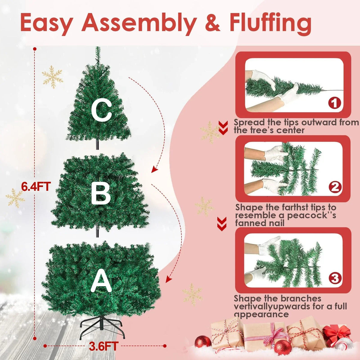 2026 NewVebreda 6FT Pre-Lit Artificial Christmas Tree with 300 Warm White LED Lights, Hinged Branch Design, Eco-Friendly PVC Needles & Foldable Metal Stand for Home, Office & Holiday D"cor