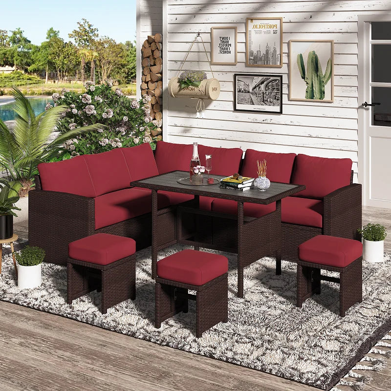 2026 NewAECOJOY 7 Piece Patio Furniture Set PE Rattan Outdoor Dining Set Sectional Sofa Couch with Table Patio Conversation Set in Gray