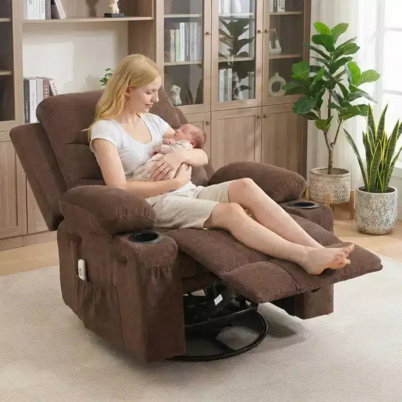 2026 Sillón reclinable mecedora giratorio 360° extragrande con masaje y calor, portavasos y bolsillos