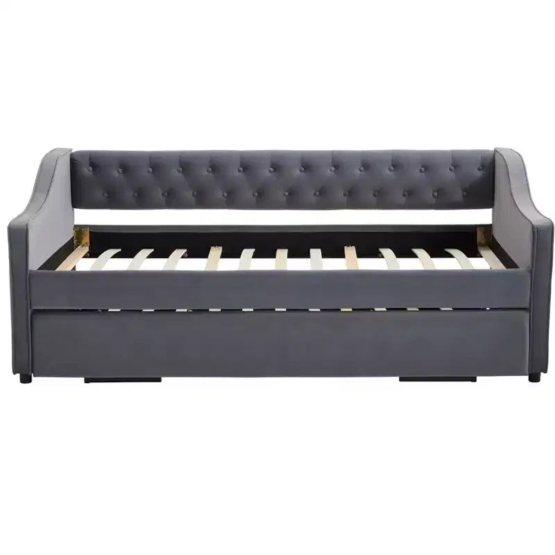 2026 Cama sofá Twin con cama nido, tapizada en terciopelo, puerto USB y bolsillos laterales - ModernLuxe