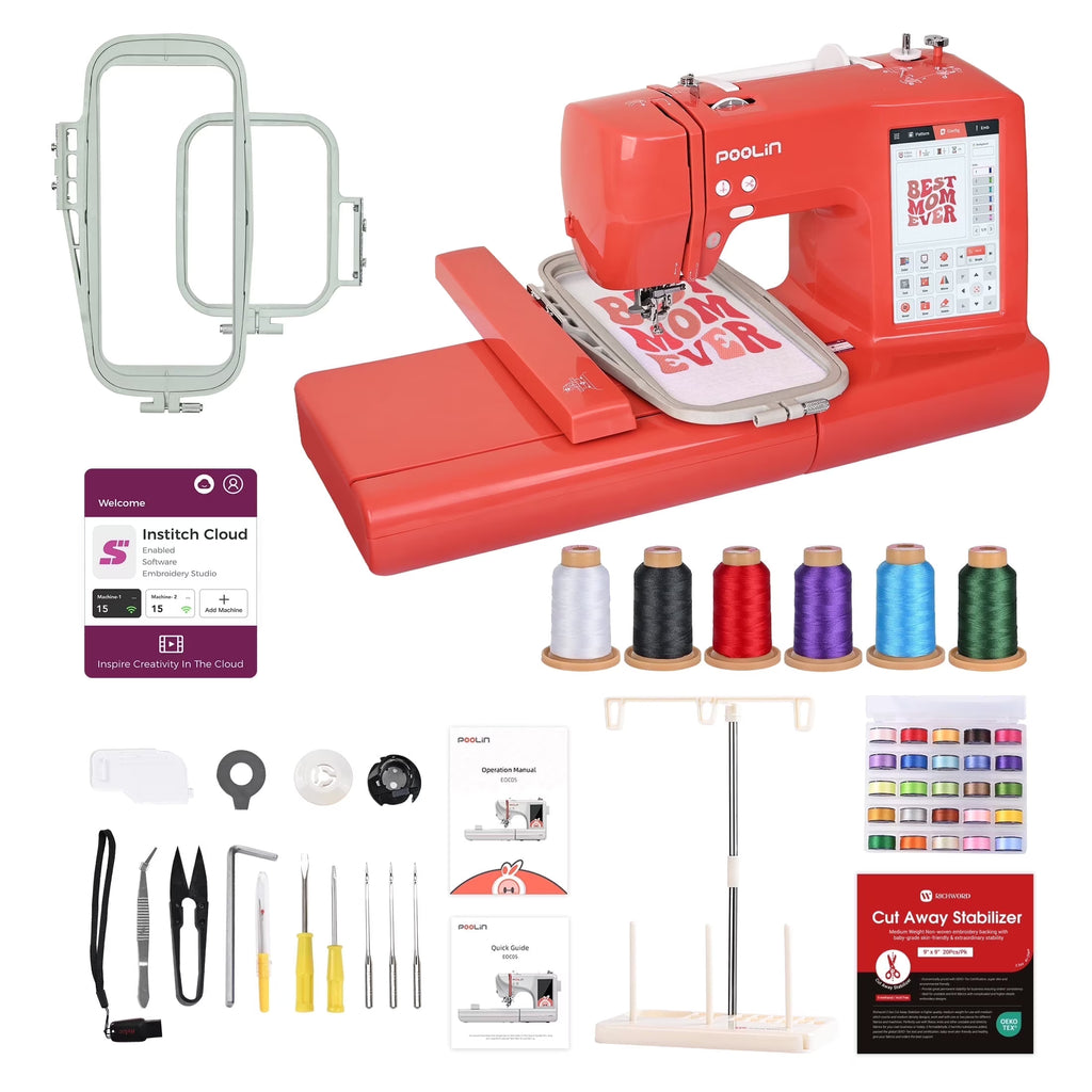 2026 NewPoolin EOC05 Embroidery Machine 4x9.25" Area, 7" Touch Screen with kit