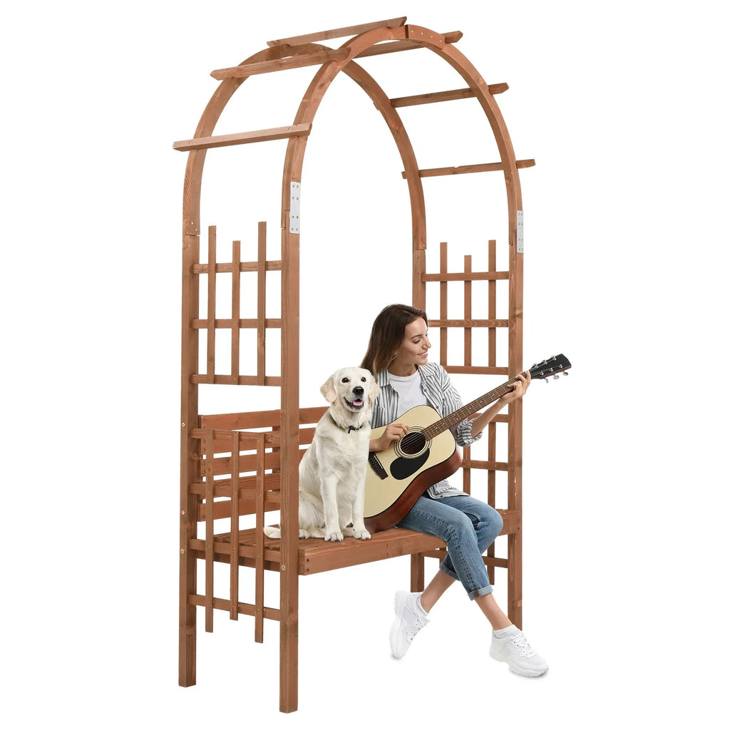 2026 New6.8FT Wooden Arch with Bench for 2 People, Garden Arbor Trellis for Climbing Plant, Outdoor Garden Lawn Backyard Patio Decor, Dark Brown