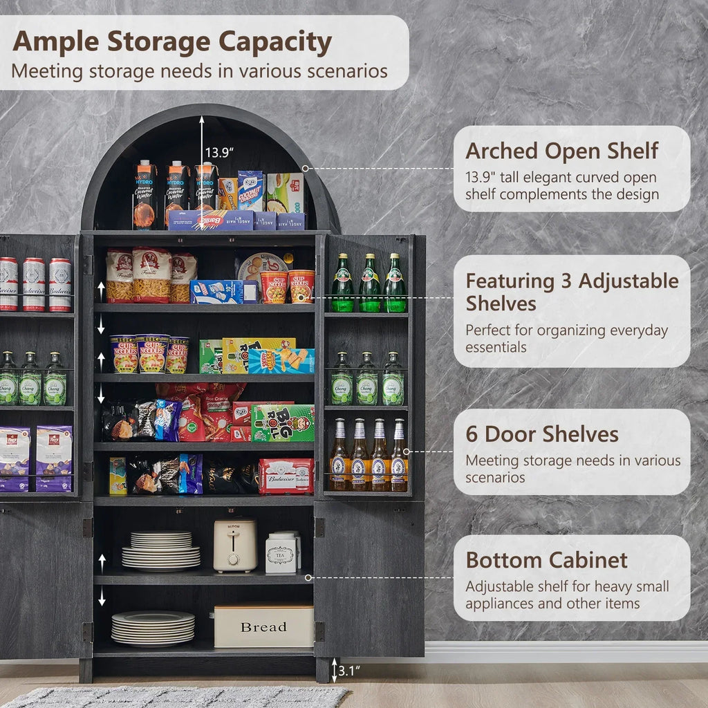 2026 NewIFGET 71" Tall Arched Kitchen Pantry Storage Cabinet, Large Storage Cabinet with Adjustable Shelves, Pantry Cabinet for Kitchen, Dining Room