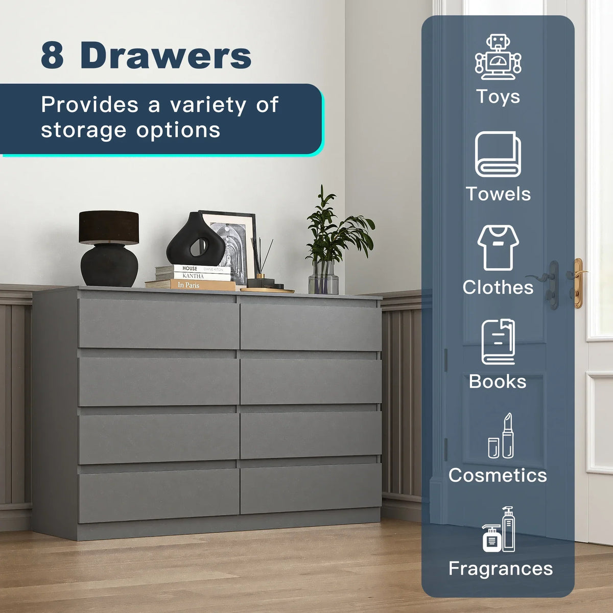 2026 NewKadyn Modern 6 Drawer Dresser Wood Cabinet,Dresser for Bedroom, Kitchen Storage Cabinet with Drawers, Chest of Drawers(Black)
