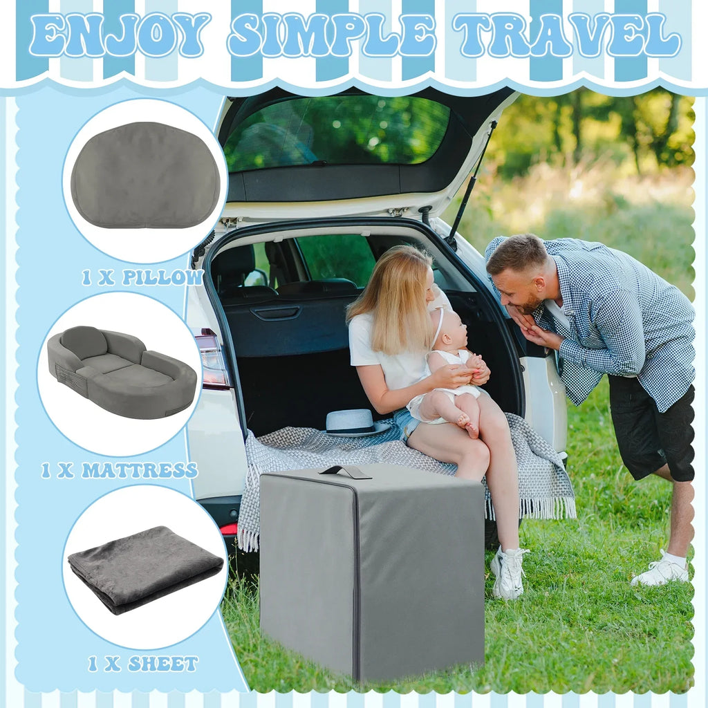 2026 NewCoumy Toddler Travel Bed 2-in-1 Kids Sofa Chair with Removable Cover, Soft Foam Portable Foldable Toddler Bed for Travel with Carrying Bag, Blue